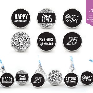 NEW! 108 Personalized Hershey’s Kisses Stickers | 25th Wedding Anniversary | 25 Years | Silver Anniversary | Custom | 0.75” Round Labels