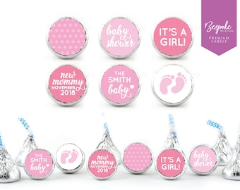 108 Personalized Kiss Chocolate Stickers | Girl Baby Shower | Kisses Favours | It’s a Girl | Baby Shower Favour | Pink | 0.75” Round Labels