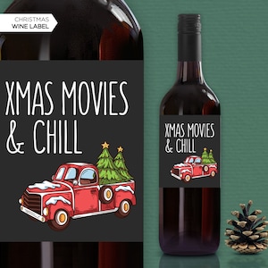 NEW! Christmas Movies & Chill Wine Bottle Labels | Wine Labels | Fun Christmas Gift | Holiday Wine | Hallmark Xmas Movies | Set of 4 or 1