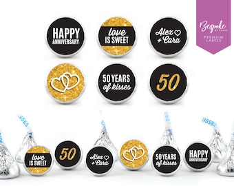 108 Personalized Kiss Chocolate Stickers | 50th Wedding Anniversary | 50 Years | Golden Anniversary | Kisses | Custom | 0.75” Round Labels