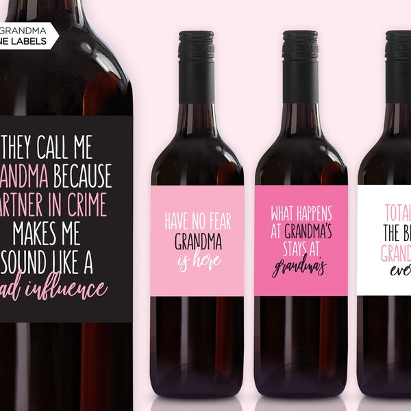 NEW! Grandma Wine Labels | Mother's Day Wine Labels | Funny Grandma | Gift for Grandmother | New Grandma | Stays At Grandma's | Pink