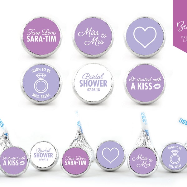NEW! 108 Personalized Kiss Chocolate Stickers | Elegant Bridal Shower | Kisses Favours | Candy Bar | Kisses | Favours | 0.75” Round Labels