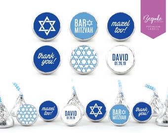 NEW! 108 Personalized Kiss Chocolate Stickers | Bar Mitzvah | Kisses Favour | Mitzvah Boy | Favor | Candy Bar | Blue | 0.75” Round Labels