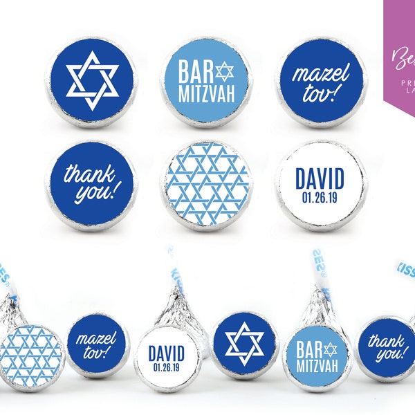 NEW! 108 Personalized Kiss Chocolate Stickers | Bar Mitzvah | Kisses Favour | Mitzvah Boy | Favor | Candy Bar | Blue | 0.75” Round Labels