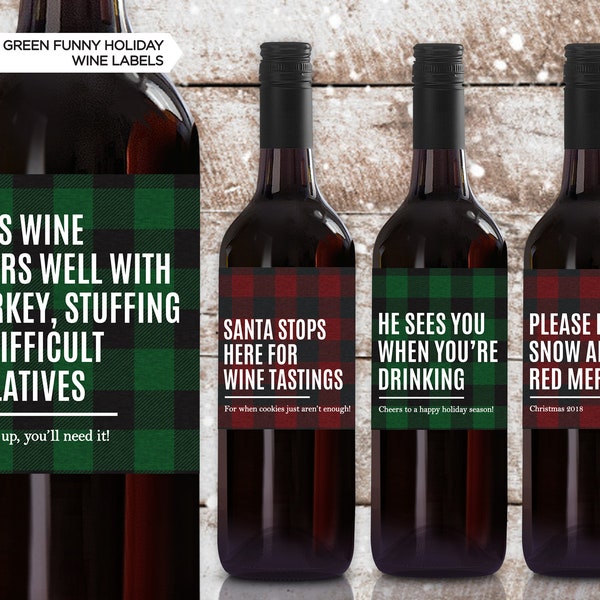 Funny Christmas Wine Bottle Labels | Red & Green Plaid | Wine Labels | Unique Funny Christmas Gift | Santa Stops Here For Wine Tastings