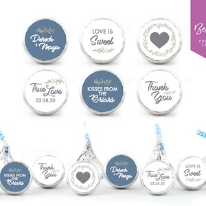 新登場！108枚のパーソナライズされたキスチョコレートステッカー｜ウェディング｜カスタムキャンディーバーラベル｜ブルー｜グリーン｜ギフト｜葉っぱ｜0.75インチ丸型ラベル