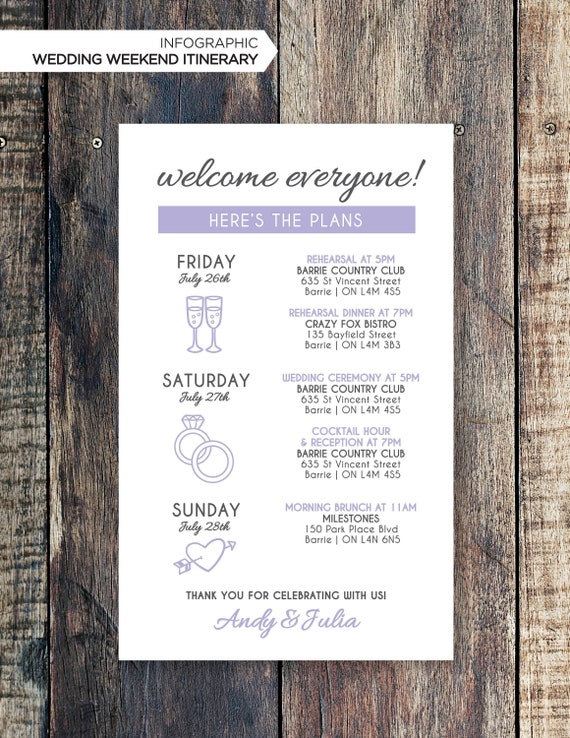 PRINTABLE or PRINTED wedding timeline itinerary infographic wedding timeline guest timeline modern wedding event out of town guest kit