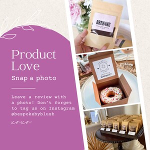 May include: A set of three brown paper favor boxes with white text. The first box has the text "Brewing" and "Bride's Baby Shower". The second box has the text "I Can't Wait to Say I Do! But Who Will Be In My Bridesmaid?" with a donut graphic. The third box is empty.
