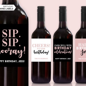 NEW! Birthday Wine Labels | Pink Wine Labels | Birthday Decorations | Birthday Party | For Her | Birthday Gift | Sip Sip Hooray | Set Of 4