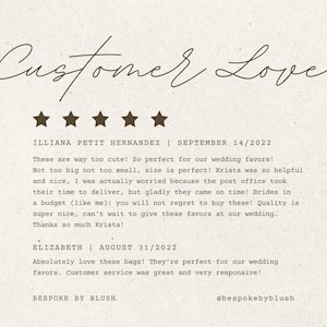 K&ouml;nnte beinhalten: F&uuml;nf Sterne Kundenbewertungen f&uuml;r ein Gesch&auml;ft f&uuml;r Hochzeitsgeschenke namens Bespoke by Blush. Die Bewertungen heben die Qualit&auml;t der Produkte und den exzellenten Kundenservice hervor. Der Text enth&auml;lt die Namen und Daten der Bewertungen.