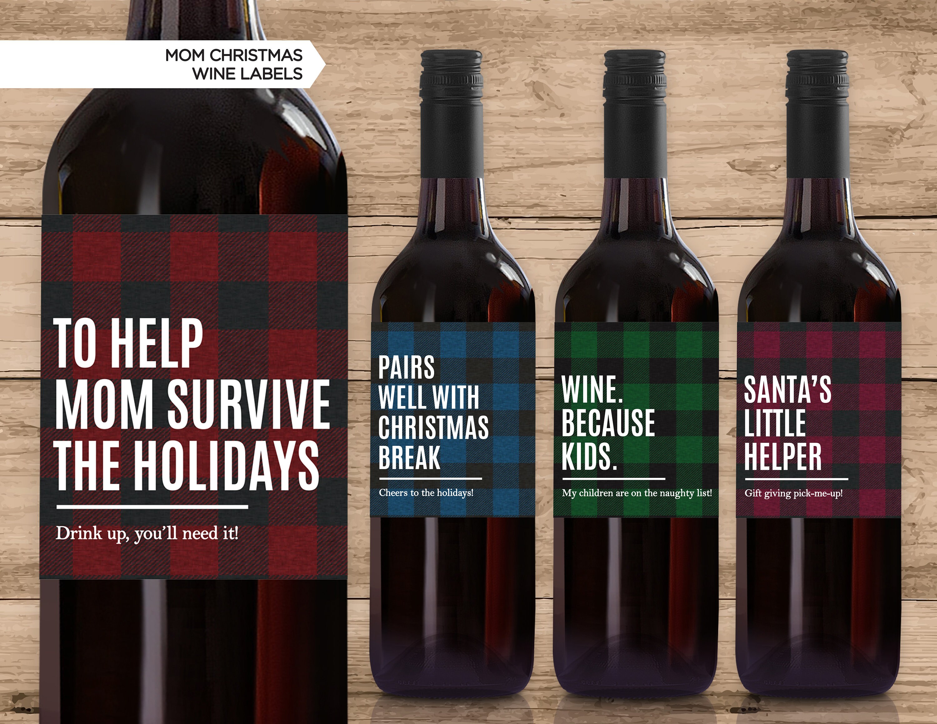 NEW! Funny Mom Wine Bottle Labels | Wine Labels | Christmas Gift For Mom | Holiday Wine | New Mom Gift | Mom Holiday Label | Set of 4