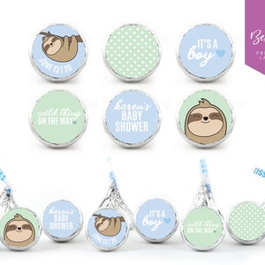 108 Personalized Kiss Chocolate Stickers | Sloth Baby Shower | Boy Baby Shower | It’s a Boy | Wild Thing | Favour | 0.75” Round Labels