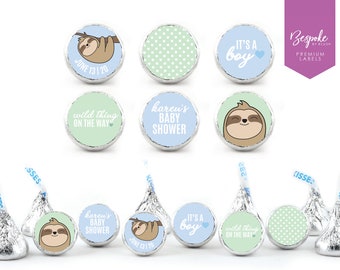 108 Personalized Kiss Chocolate Stickers | Sloth Baby Shower | Boy Baby Shower | It’s a Boy | Wild Thing | Favour | 0.75” Round Labels