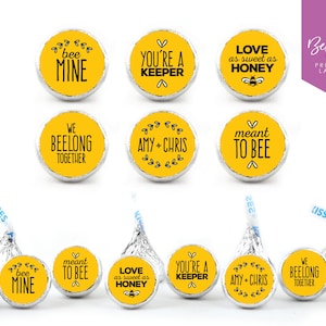 108 Personalized Kiss Chocolate Stickers | Wedding | Custom Candy Bar Labels | Favours | Meant To Bee | Bee Lover | 0.75” Round Labels