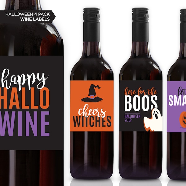 Halloween Wine Bottle Labels | 4-Pack | Halloween Party Liquor Labels | Hallowine | Cheers Witches | Here For The Boos | Wine Labels