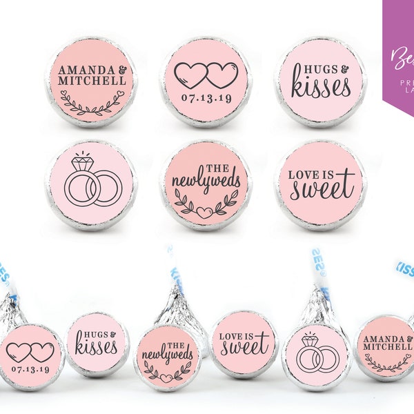 108 Personalized Kiss Chocolate Stickers | Wedding | Custom Candy Bar Labels | Favours | Blush Pink | Love | Kisses | 0.75” Round Labels