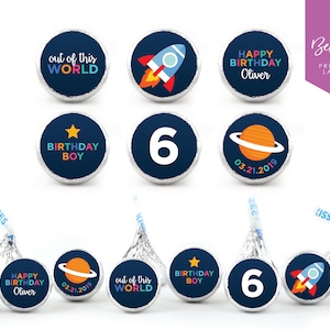 NEW! 108 Personalized Kiss Chocolate Stickers | Space Birthday | Kisses Favour | Birthday Boy | Space | Candy Bar | 0.75” Round Labels