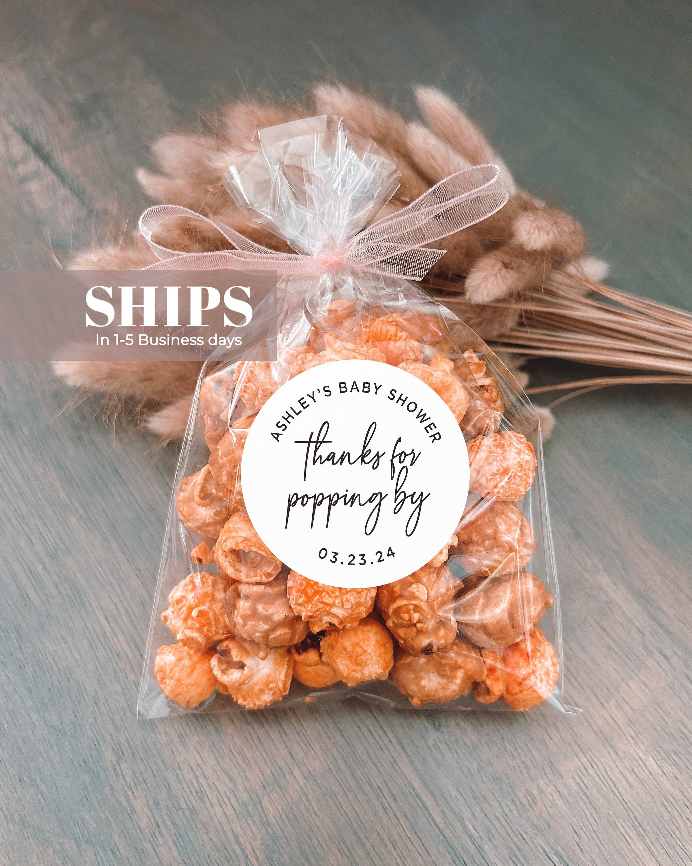Etiketten en zakjes voor popcorn | Bedankjes babyshower | Klaar om te knallen | Bedankt voor het langskomen | Zijn en haar favoriet | Douchebedankzakjes | Doe-het-zelf