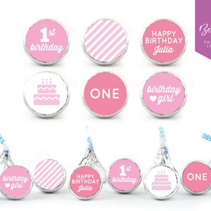 NEW! 108 Personalized Kiss Chocolate Stickers | Girl 1st Birthday | Kisses Favours | Birthday Girl | Candy Bar | Pink | 0.75” Round Labels