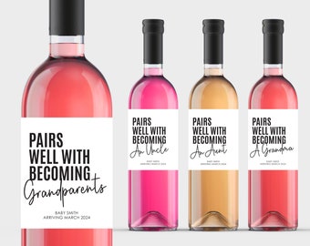 NEW! Baby Announcement Wine Labels | Pairs Well With Becoming Grandparents | Pregnancy Announcement Gift | Gift for New Grandparent | Aunt