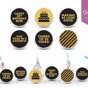 NOVITÀ! 108 adesivi Hershey&#39;s Kisses personalizzati / 50° compleanno / Decorazioni per 50° compleanno / Festa di compleanno / Oro / Etichette rotonde da 0,75&quot;