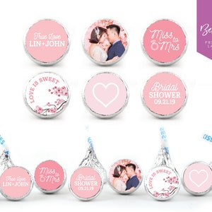 NEU! 108 Personalisierte Foto Brautparty Kuss Schokolade Aufkleber | Hochzeit | Braut sein | Kirschblüten | Bild | 19 mm runde Etiketten