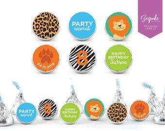 NEW! 108 Personalized Kiss Chocolate Stickers | Safari Birthday | Kisses Favour | Kids Birthday | Animals | Candy Bar | 0.75” Round Labels