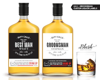 Will You Be My Groomsman / Best Man Liquor Labels | Whiskey Label Thanking Groomsmen/Best Man | Personalized Wedding Favour | Black & White