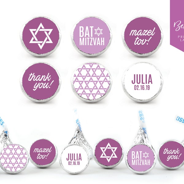 NEW! 108 Personalized Kiss Chocolate Stickers | Bat Mitzvah | Kisses Favour | Mitzvah Girl | Favour | Candy Bar | 0.75” Round Labels