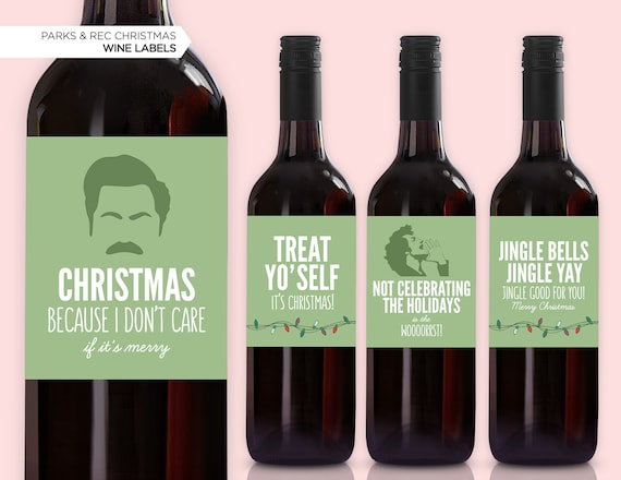 NEW! Parks & Recreation Christmas Wine Bottle Labels | Parks And Rec TV Show | Wine Labels | Leslie Knope | Ron Swanson | Treat Yo' Self