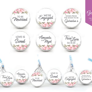 108枚のパーソナライズされたキスチョコレートステッカー | 婚約パーティー | ブライダルシャワー | ウェディングキスの記念品 | ピンクの花 | 0.75インチの丸型ラベル