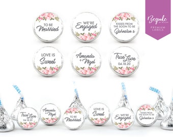 108 Personalized Kiss Chocolate Stickers | Engagement Party | Bridal Shower | Wedding Kisses Favours | Pink Flowers | 0.75” Round Labels