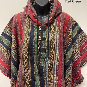 Cotton thick stripe thick poncho Red Green