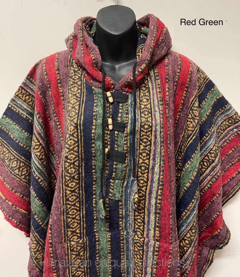 Cotton thick stripe thick poncho Red Green