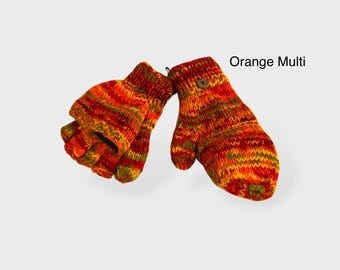 Wool knitted  fingerless glove with a fold with wooden button