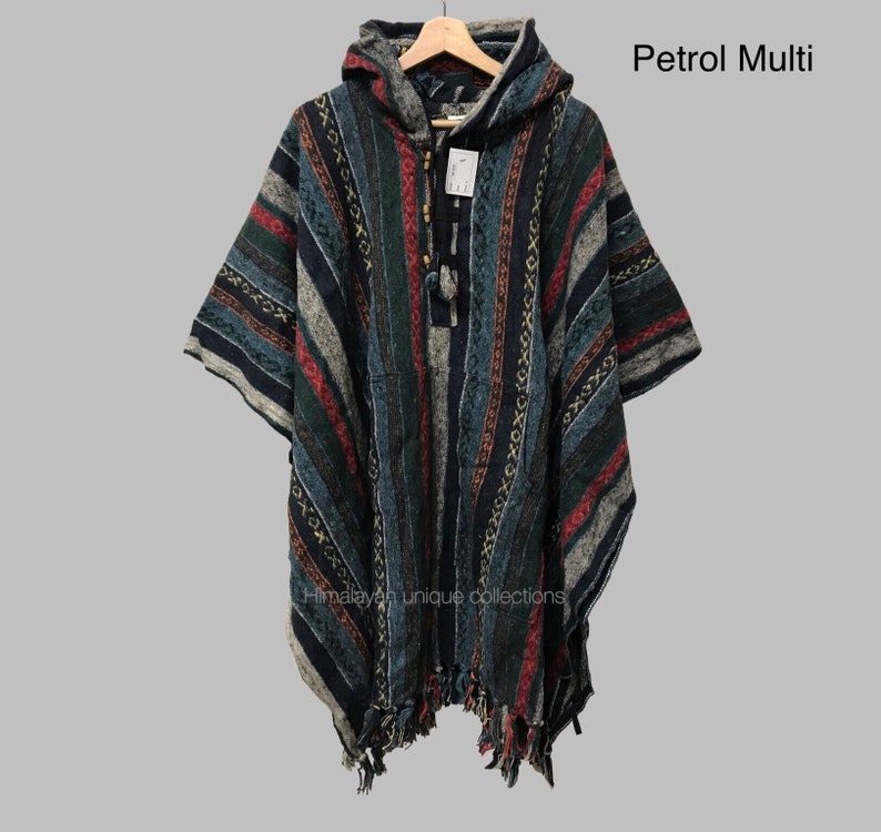 Cotton thick stripe thick poncho Petrol Multi