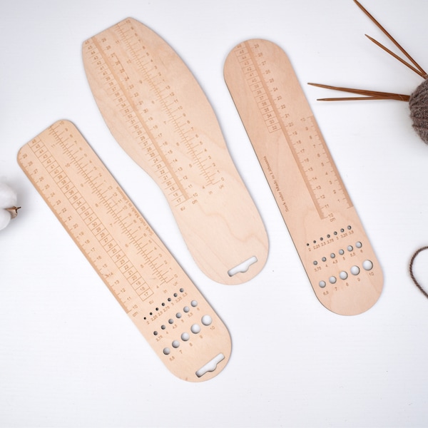 Wooden sock ruler, Needle gauge, Knitting/crochet tool, Foot measuring tool Sock knitting tool, Sock ruler, Gift for knitter