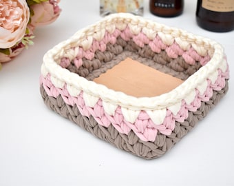 Handmade square crochet storage basket in Cappuccino, pink and vanilla colours Girl&#39;s bedroom decor Jewellery storage basket Cosmetic basket