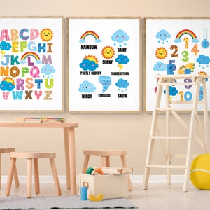 Set Of Three Prints, Weather Print, Alphabet Print, Numbers Print, Alphabet Weather Printable, Playroom Wall Art, Nursery Wall Hanging