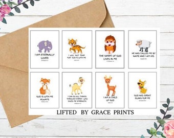 Bible Verse Cards, Kid Scripture Prints, Bible Verse Animal Prints, Set Of 8 Animal Scripture Cards, Kids Scripture Art, Scripture Printable