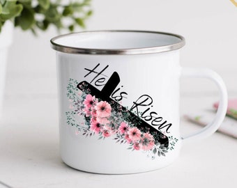 Campfire Mug, Enamel Camping Mug, Scripture Mug, Camper Coffee Mug, Hiking Mug, Enamel Mug, He Is Risen, Floral Enamel Mug, Christian Mug