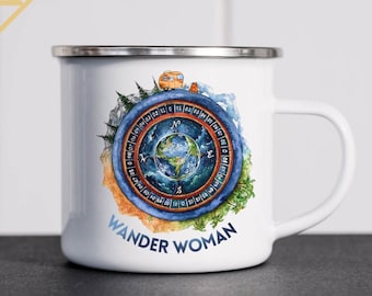 Wander Woman Mug, Enamel Camping Mug, Camping Mug, Personalized Enamel Mug, Enamel Mug, Add A Name To Your Mug, Travel Gift, Enamel Gifts