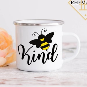 Be Kind Mug, Enamel Coffee Mug, Customizable Coffee Mug, Bee Enamel Mug, Camper Mug, White Enamel Cup, Personalized Enamel Mug, Tea Cup