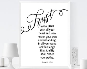 Scripture Print, Trust In The Lord With All Your Heart, Proverbes 3:5-6, Bible Verse Wall Art, Scripture Printables, Bible Artwork, Télécharger