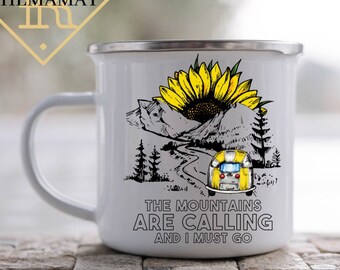 The Mountains Are Calling, Camper Mug, Enamel Mug, Mountain Mug, Adventure Mug, Enamel Camping Mug, Nature Mug, Tea Mug, Campfire, Tin Cup