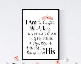 I Am The Daughter Of The King, Christian Wall Art, I Am His, Nursery Wall Art, Wall Decor, Scripture Quote Wall Hanging, Bible Digital Print