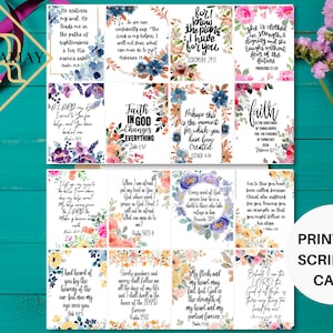 May include: Printable scripture cards with floral designs and inspirational quotes. The cards feature various bible verses and are perfect for journaling, scrapbooking, or gift giving.