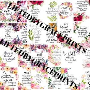 May include: A collage of 12 printable cards with floral designs and inspirational quotes. The quotes are about faith, love, and hope. The cards are perfect for adding a touch of inspiration to your home or office.