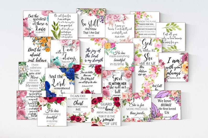 May include: A set of 16 printable cards with floral designs and inspirational quotes from the Bible. The cards feature various floral patterns in shades of pink, red, blue, and green. Each card has a different quote, such as "But the greatest of these is love", "I am with you always", and "God is within her, she will not fall".