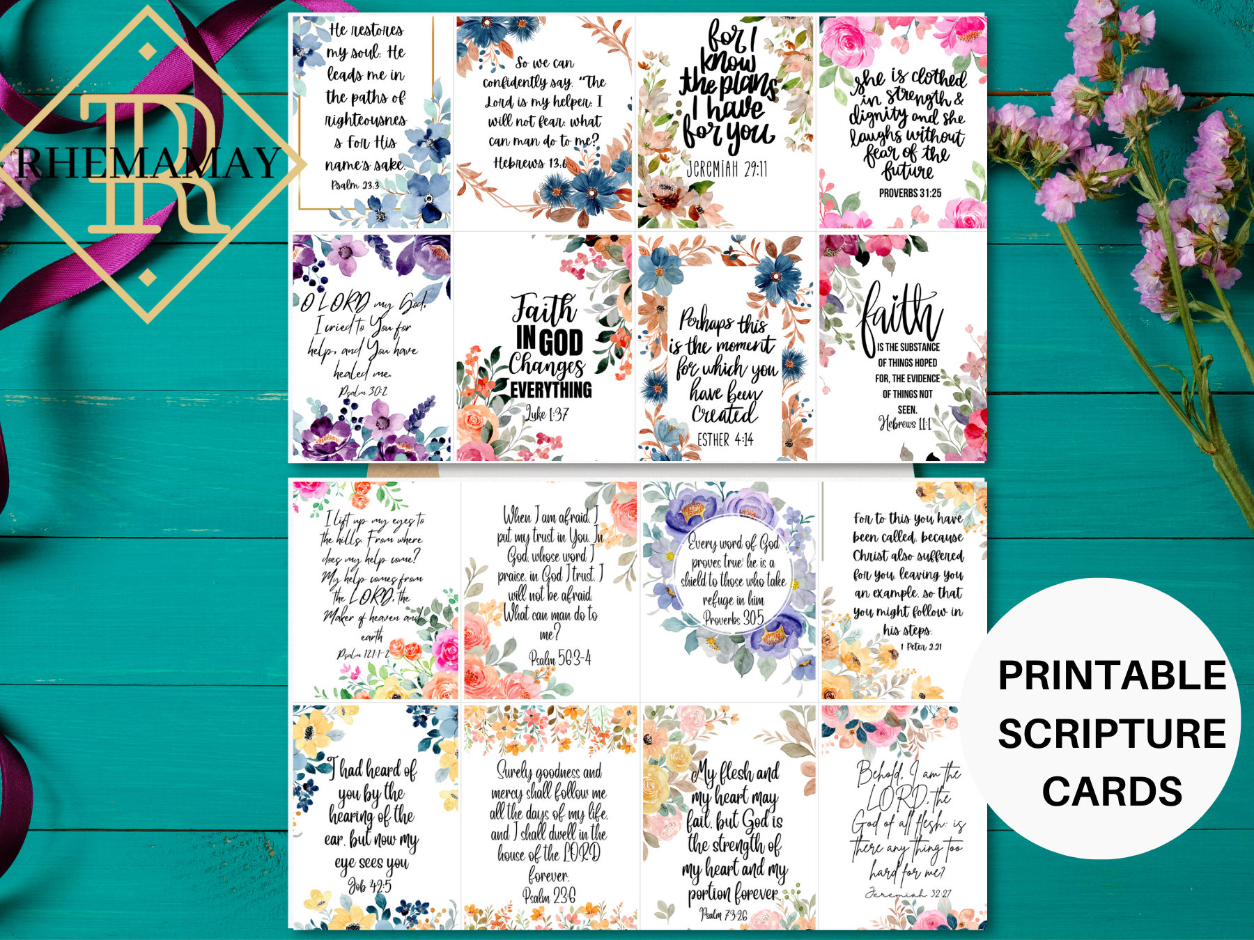 Printable Scripture Cards, Floral Scripture, Bible Verse Cards, Motivational Cards, Scripture Memory, Set Of 16 Cards, Bible Memorazition